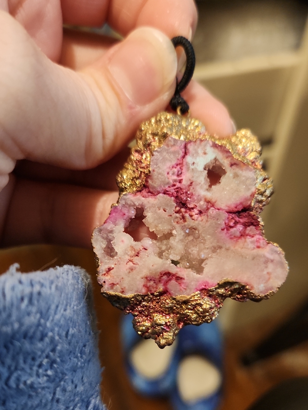 Dyed Pink Geode Druzy Pendant with Gold Trim